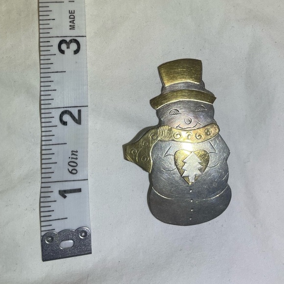 Silver and brass handcrafted Snowman pin. - Picture 3 of 5
